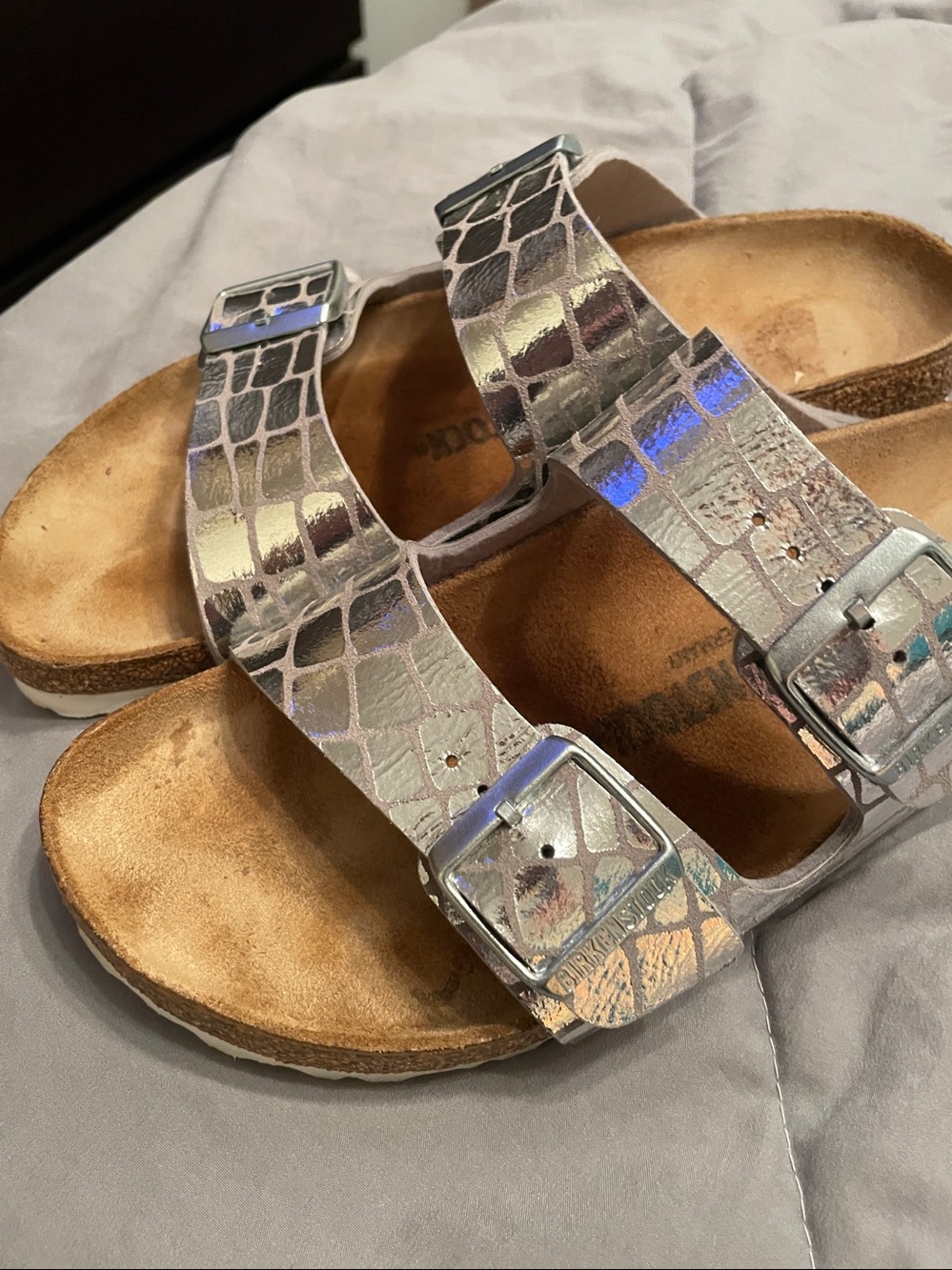 Birkenstock Silver Metallic Croc-Embossed Arizona Sandals